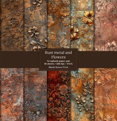 rust metal and flowers digital paper pack