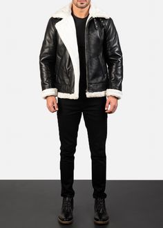 A style essential that gives you suave as well as contemporary rustic feels. This Francis B-3 Black & White Leather Bomber Jacket is designed to give you a balance of luxury and functionality. Made of a semi-aniline finish sheepskin leather, having a complete faux-fur lining, buckled collar detail, zipper front closure, roll-back cuffs, waist adjustment straps and two outer pockets that strikes an even balance between good looks, functionality, craftsmanship and more. Leather Biker Jacket With Faux Fur Lining, Fitted Leather Outerwear With Faux Fur Lining, Leather Biker Jacket With Faux Fur Trim, Black Fitted Sheepskin Leather Jacket, Fitted Black Sheepskin Leather Jacket, Luxury Sheepskin Leather Jacket With Zipper Closure, Fitted Black Sheepskin Outerwear, Luxury Leather Jacket With Zip Fly For Winter, Winter Shearling Leather Jacket With Zip Fly