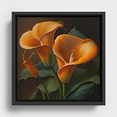 a painting of three orange flowers with green leaves on a black background framed in a black frame