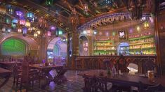 the interior of a restaurant with many tables and chairs in front of colorful lights on the ceiling