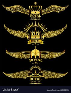 gold royal emblems on black background with wings and crown in the center, set of four