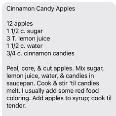 the ingredients to make cinnamon candy apples are shown in this text message, which is written on