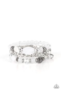 Ethereal Etiquette - White Infused with a stretchy strand of glassy white rhinestones, a mismatched collection of cloudy white, white crystal-like, and ornate silver accents are threaded along stretchy bands around the wrist, creating ethereal layers. Sold as one individual bracelet. Paparazzi Jewelry Images, White Bracelet, White Bracelets, Paparazzi Accessories, Stretchy Bracelets, White Rhinestone, Rhinestone Bracelet, Paparazzi Jewelry, White Crystal