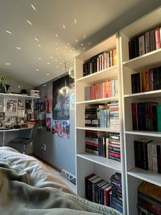 a bedroom with bookshelves filled with lots of books