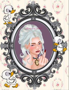 an image of a woman with white hair holding a ring in front of a mirror