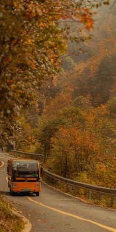 an orange bus driving down a winding road in the fall with trees and foliage on both sides