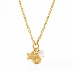 Sanibel Trio Charm Necklace-Julie Vos-Swag Designer Jewelry Elegant Gold Charm Necklace With Starfish, Julie Vos, Scallop Shell, Wear Necklaces, Scallop Shells, Station Necklace, Rolo Chain, Starfish, Lobster Clasp