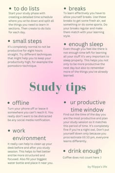 a pink and white poster with the words study tips written in different languages on it