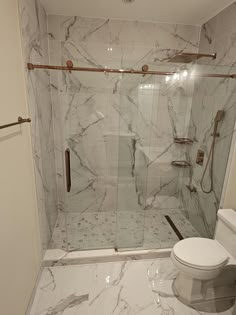 a white toilet sitting next to a walk in shower with marble tile on the walls