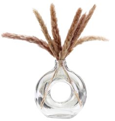 a clear glass vase with some brown feathers in it