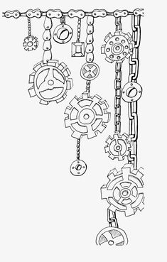 a drawing of gears and chains hanging from the ceiling