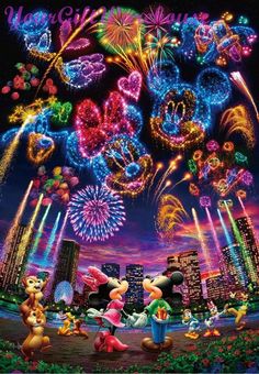 mickey mouse and friends fireworks in the night sky with cityscape behind them,