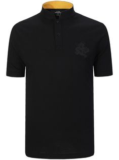 jet black cotton piqué weave embroidered dragon detail appliqué logo grosgrain ribbon trim stand-up collar front button placket short sleeves straight hem Designer Black Polo Shirt With Embroidered Logo, Black Collared T-shirt With Embroidered Logo, Luxury Black Polo Shirt With Short Sleeves, Luxury Black Short Sleeve Polo Shirt, Luxury Embroidered Cotton Tops, Luxury Fitted Black Polo Shirt, Embroidered Dragon, Shanghai Tang, Dragon Embroidery