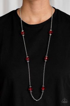 Glassy red gems and ornate silver beads trickle along a glistening silver chain for a refined look. Features an adjustable clasp closure. Sold as one individual necklace. Includes one pair of matching earrings. P2RE-RDXX-133XX Honey Gift, Red Gems, Nickel Free Jewelry, Sparkle Necklace, Red Necklace, Paparazzi Accessories, Paparazzi Jewelry, Red Crystals, Silver Chain Necklace