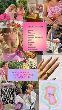 a collage of photos with women in pink and yellow outfits, including the words energy givers you are exactly where you want to be