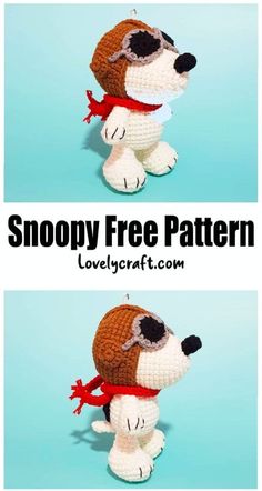 two pictures of a stuffed dog with a scarf around it's neck and the words snoopy free pattern below