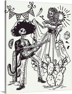 a black and white drawing of a skeleton playing guitar next to a woman in a mexican dress