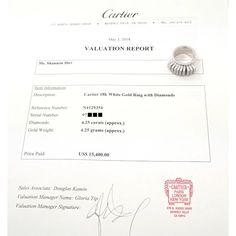 Authentic Cartier 18k White Gold Diamond Fan Ring Paper        This ring comes with original Cartier box and Cartier valuation report dated May 2018.  Metal: 18k White  Gold Ring Size: European 54, US 6 1/2  Stones: 340 Round brilliant cut diamonds VVS1 clarity, E color total weight approximately 4.25ct  Weight: 26.1 grams  Width: 11mm  Hallmarks: Cartier 750 54 971XXX(serial number omitted) French Hallmarks  Dimensions reference the ring size and are not specific to the ring itself. Classic Round Diamond Ring With Certificate, Formal Cartier Ring Stamped 14k, Cartier 14k Stamped Formal Rings, Cartier 14k Stamped Rings For Formal Occasions, Cartier 14k Stamped Jewelry For Anniversary, Cartier Platinum Diamond Ring With Vvs Clarity, Cartier Diamond Ring With Vvs Clarity In Platinum, Classic Diamond Ring With Certificate Of Authenticity, Luxury Diamond Rings With Certificate Of Authenticity