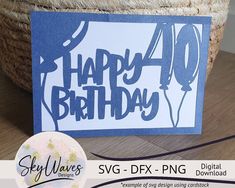 a birthday card with the words happy 40 and balloons on it, sitting next to a basket