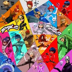 many cartoon characters are grouped together in this collage, with different colors and sizes