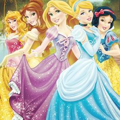 the disney princesses are standing together in their dresses