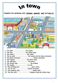 a town map with words and pictures to describe the locations on it, including buildings