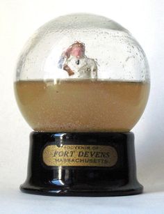 a snow globe with a small white dog in it's center on a black base