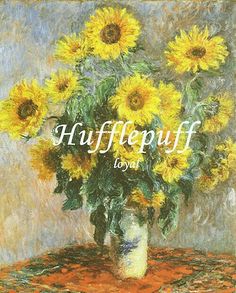 a painting of sunflowers in a vase on a table with the words,uflflepuf