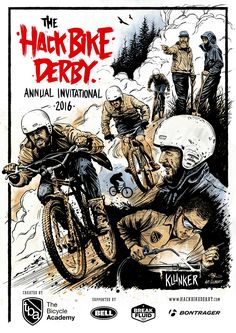 an advertisement for the hack bike derby featuring two men on motorcycles and one man sitting down