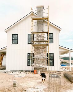 a dog standing in front of a house under construction