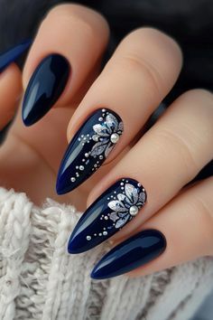 Best Nail Art Designs For Wedding, Sapphire Blue Nails Design, Dark Blue Floral Nails, Wedding Nails Design Blue, Gel Nail Art Designs 2024, Navy Blue Formal Nails, Henna Inspired Nails, Blue Ombre Winter Nails, Dark Blue Wedding Nails