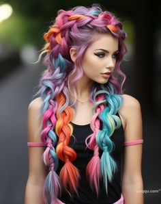 Bold and Beautiful Rainbow Hair Color Ideas to Spark Your Creativity - Puqqu Pop Of Color Hair, Crazy Hairstyles, Dramatic Hair Colors, Exotic Hair Color, Exotic Hair, Unicorn Hair Color, Cotton Candy Hair, Ombre Purple, Character Prompts