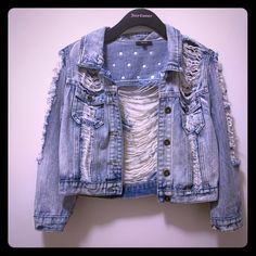 Denim Jacket With Studs In Blue Color. New Condition. Never Worn. No Flaws. Runs Small. Says Size M, But Runs Small. Fits 4 Us Size Perfectly. Cropped Ripped Medium Wash Outerwear, Medium Wash Cropped Ripped Outerwear, Spring Light Wash Ripped Denim Jacket, Distressed Cropped Denim Outerwear, Cropped Distressed Denim Outerwear, Blue Distressed Denim Jacket For Summer, Trendy Ripped Denim Outerwear, Spring Ripped Medium Wash Denim Jacket, Trendy Ripped Light Wash Outerwear