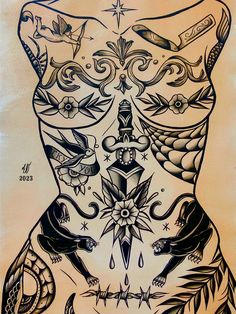 a drawing of a woman's torso with tattoos on it