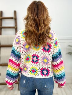 This Designed in open crochet cardigan is a must-have for the season! It features long sleeves, an oversized fit, and a crop length, all in a unique weaving shape and color mix that is sure to turn heads. The lightweight material is perfect for layering in the cooler months while still keeping you stylish and on-trend. Whether you dress it up or dress it down, this cardigan will be an amazing addition to your wardrobe.   SHOP THE LOOK Cognac Wedge 57265  Crystal Necklace 48049  Pink Bodysuit 584 Crochet Cropped Cardigan, Pink Bodysuit, Cuffed Jeans, Color Mix, Shop The Look, Cropped Cardigan, Crochet Cardigan, Cognac