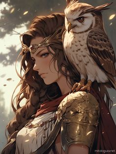 a woman with an owl on her shoulder