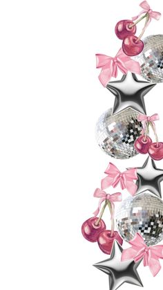 a group of silver stars with pink bows and cherries hanging from them, in front of a white background