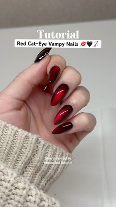 RED CAT-EYE VAMPY GLASS NAILS?! 💋🖤⛓️‍💥 EASY BEGINNER TUTORIAL Cat Nails Tutorial, Red Cateye Christmas Nails, Burgundy Cats Eye Nails, Black With Red Cat Eye Nails, Red Tortishell Nails, Glass Nail Tutorial, Acrylic Cat Eye Nails, Burgundy Cateye Nails, How To Do Glass Nails