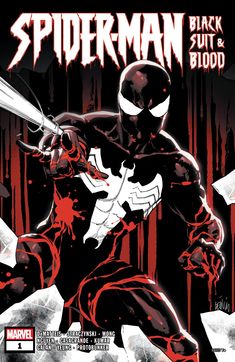 the cover to spider - man black suit and blood, featuring an image of a person holding