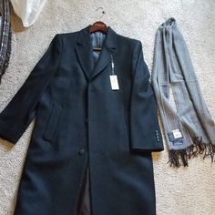 Brand New, With Tags Coat Size 40r Originally $300 Scarf Originally $42 Black Long Coat For Semi-formal Occasions, Fitted Masculine Black Outerwear, Black Fitted Masculine Outerwear, Black Fitted Outerwear, Fitted Black Masculine Outerwear, Masculine Formal Winter Outerwear, Gray Semi-formal Winter Outerwear, Black Semi-formal Long Coat, Classic Black Outerwear With Notch Lapel