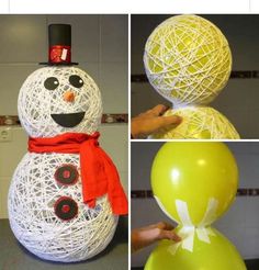 three pictures of a snowman made out of yarn and balloons, one with a top hat on