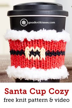 a knitted coffee cup cozy is shown with the words santa cup cozy on it