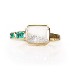 18 Karat Yellow Gold Ring with Diamond "Shake" and Emerald Baguette Details. Diamonds (1.11 tcw) are enclosed in clear sapphires. Ring size 6. Gold Ring With Diamond, Right Hand Rings, Dope Jewelry, Jewelry Lookbook, Put A Ring On It, Emerald Engagement Ring