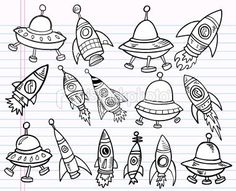 a set of cartoon rockets and spaceships on lined paper