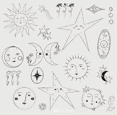 the sun, moon and stars are drawn in black ink on a white paper background