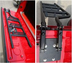 the back end of a red truck with two black bars on it and another side view of