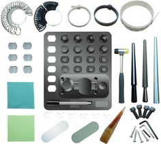 an assortment of tools and accessories displayed on a white background