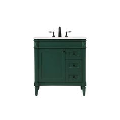 a green bathroom vanity with two sinks