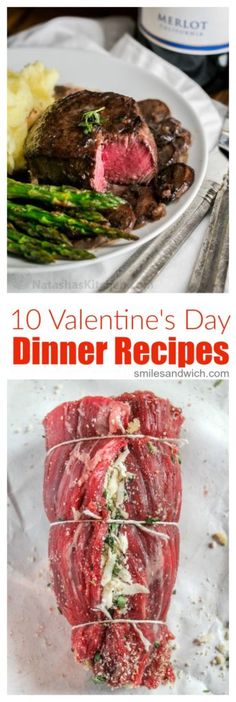 valentine's day dinner recipe with steak and asparagus on the side, served in