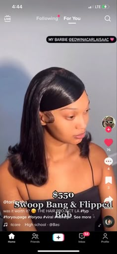 Swoop Part Wig, Quick Weave Bob With Swoop, Swoop Leave Out, Side Swoop With Flipped Ends, Swoop Flipped Ends, Swoop Hair Down, Swoop Bob Hairstyles, Swoop Down Hairstyle, Flat Iron Natural Hair With Swoop